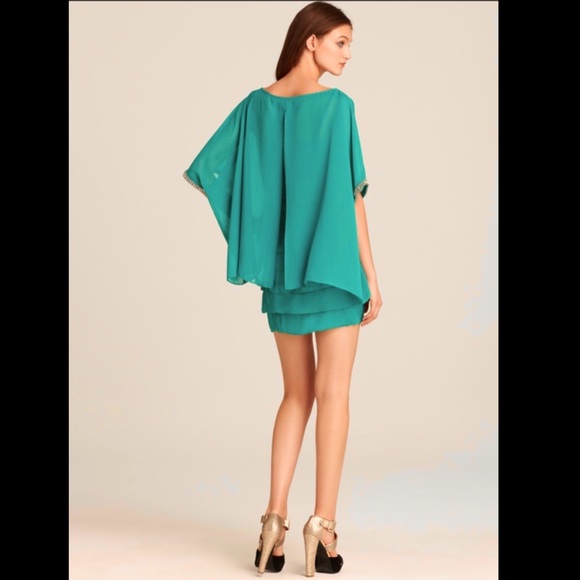 Laundry by Shelli Segal Dress Teal Tiered Sheer Overlay Beaded 2 piece - Picture 2 of 16